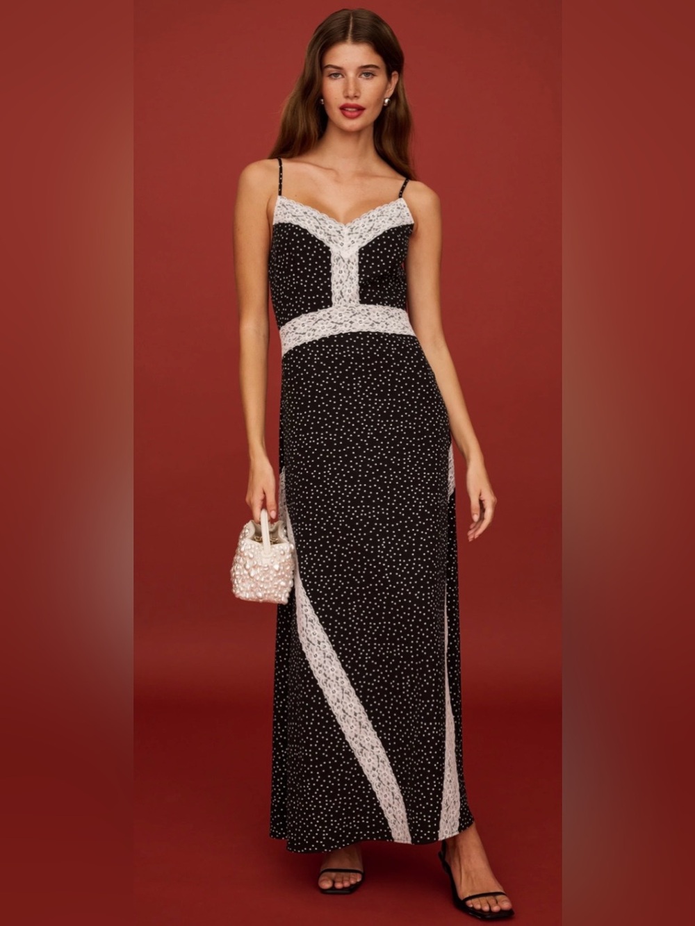 o.p.t. Vala Dress Size 12 Black Polka Dot Lace Trim Midi NWT